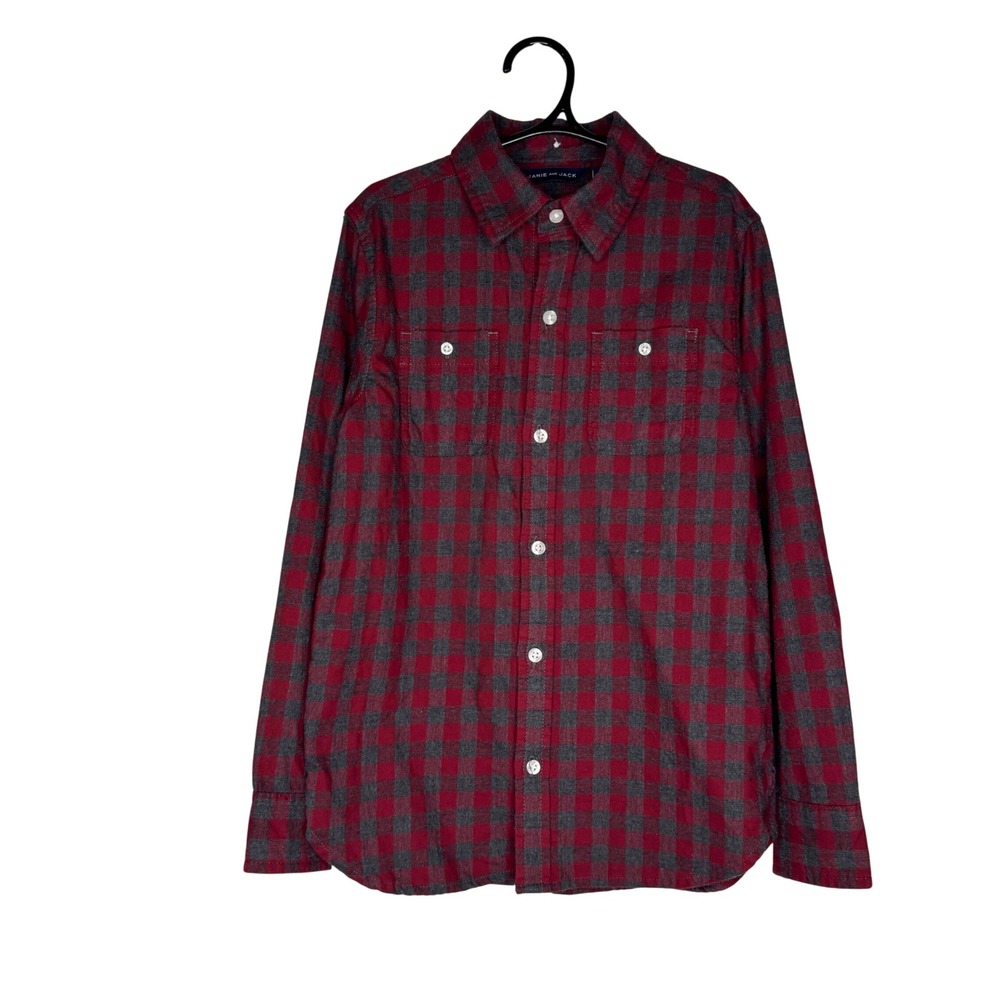 Janie and Jack Boys Sz 7 Red Grey Buffalo Check Flannel Button Down Shirt